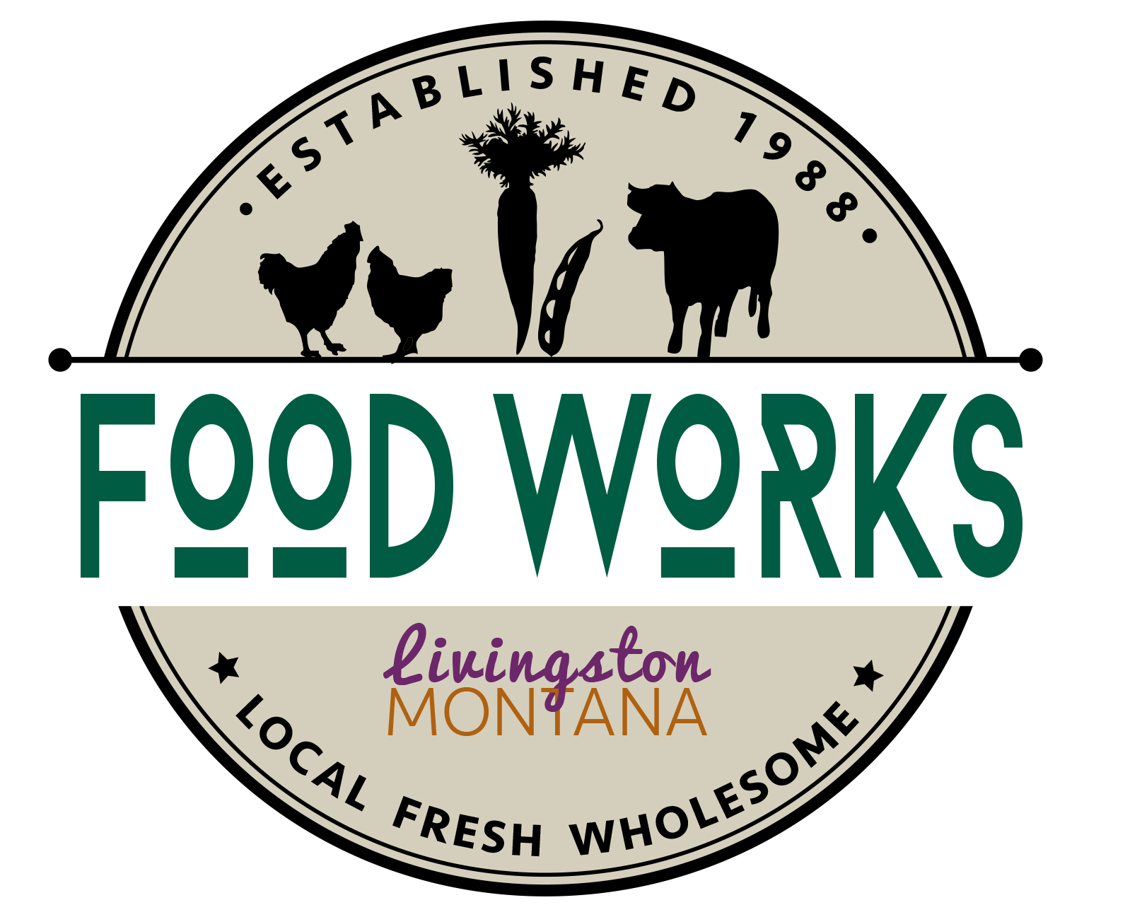 Tan and green brown foodworks logo