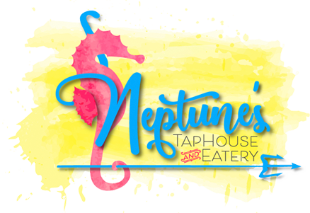 Yellow swoosh with a pink seahorse and blue text