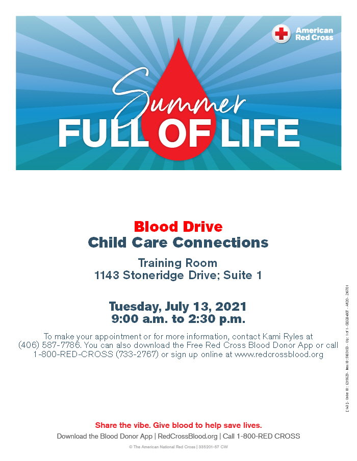 blue background with red drop reads summer full of life blood drive information